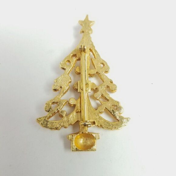 Vintage Gold Tone Christmas Tree Brooch, Holiday Festive Retro Estate Ornaments - Picture 2 of 5